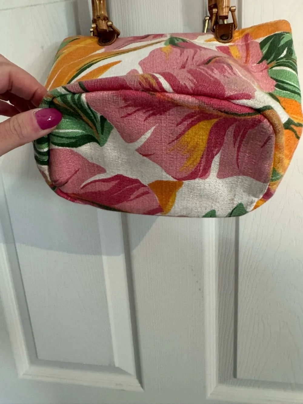 Tropical Floral Canvas Tote with Bamboo Handles - Pink & Orange - Picture 3 of 8